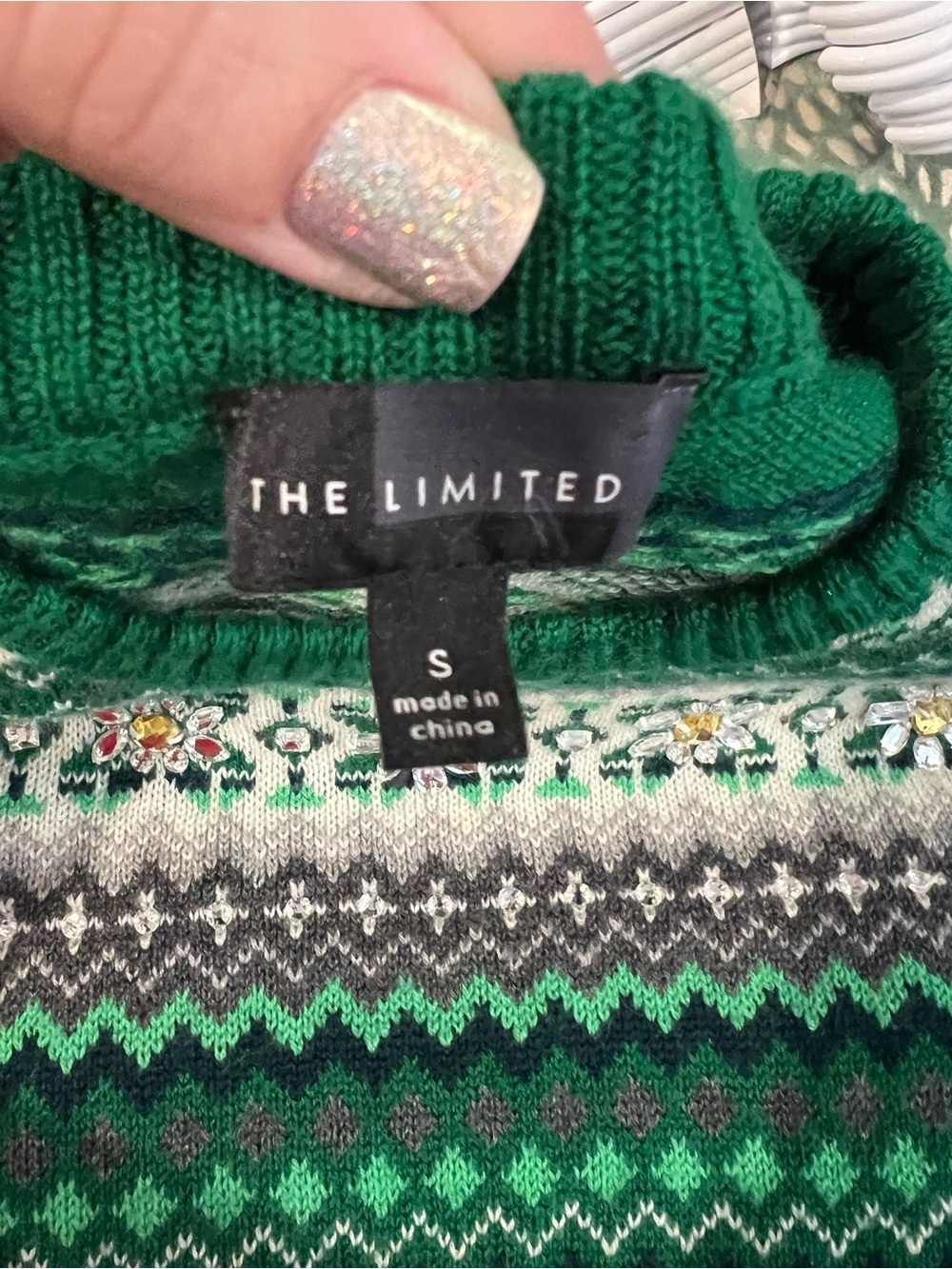 The Limited Green Fair Isle Crewneck Sweater with Rhinestone embellishments - Picture 8 of 10